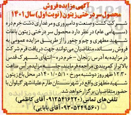 آگهی مزایده, مزایده فروش محصول سردرختی زیتون
