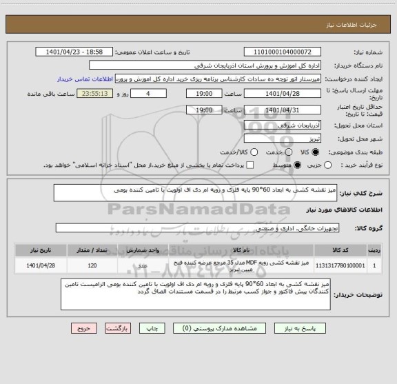 استعلام میز نقشه کشی به ابعاد 60*90 پایه فلزی و رویه ام دی اف اولویت با تامین کننده بومی