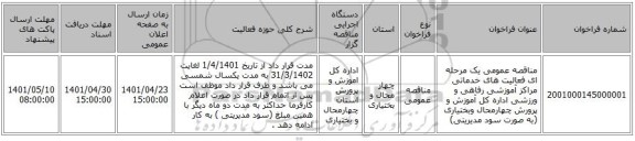 مناقصه، مناقصه عمومی یک مرحله ای فعالیت های خدماتی مراکز آموزشی رفاهی و ورزشی  اداره کل آموزش و پرورش چهارمحال وبختیاری  (به صورت سود مدیریتی)