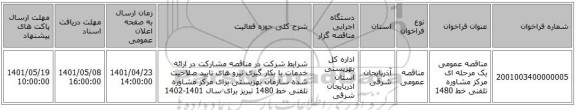 مناقصه، مناقصه عمومی یک مرحله ای مرکز مشاوره تلفنی خط 1480