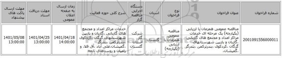 مناقصه، مناقصه عمومی همزمان با ارزیابی (یکپارچه) یک مرحله ای خدمات مراکز امداد و مجتمع های گازبانی ،گازبان و بازبین شهرستانهای گرگان ،کردکوی ،بندرترکمن ،بندرگز ،گمیشان،