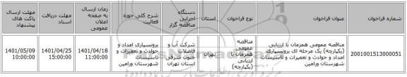 مناقصه، مناقصه عمومی همزمان با ارزیابی (یکپارچه) یک مرحله ای برونسپاری امداد و حوادث و تعمیرات و تاسیسات شهرستان ورامین