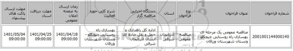 مناقصه، مناقصه عمومی یک مرحله ای بهسازی راه روستایی چیچکلو - ونستان شهرستان ورزقان ، سامانه تدارکات الکترونیکی دولت