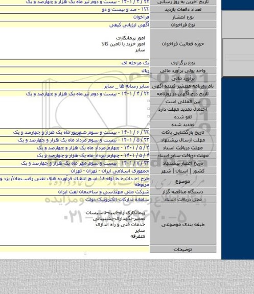 مناقصه, طرح احداث خط لوله ۱۶ اینچ انتقال فرآورده های نفتی رفسنجان/ یزد و تاسیسات مربوطه