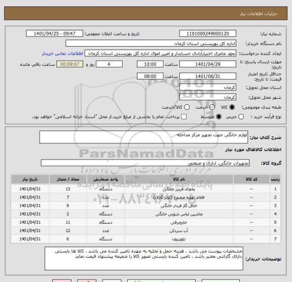 استعلام لوازم خانگی جهت تجهیز مرکز مداخله