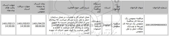 مناقصه، مناقصه عمومی یک مرحله ای مناقصه عمومی یک مرحله ای توسعه و نوسازی ناوگان حمل و نقل عمومی