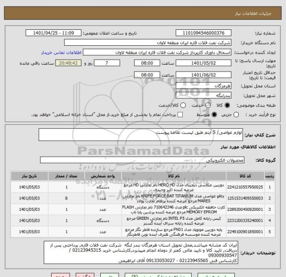 استعلام لوازم غواصی/ 5 آیتم طبق لیست تقاضا پیوست
