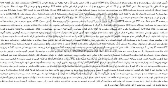 آگهی مزایده یک قطعه خانه نوع ملک طلق با کاربری به پلاک ثبتی 8966 فرعی از 101 اصلی