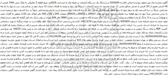 آگهی مزایده ششدانگ یک دستگاه آپارتمان در طبقه اول به مساحت 93/8متر مربع قطعه 2 تفکیکی به پلاک ثبتی 7464 فرعی از 46 اصلی