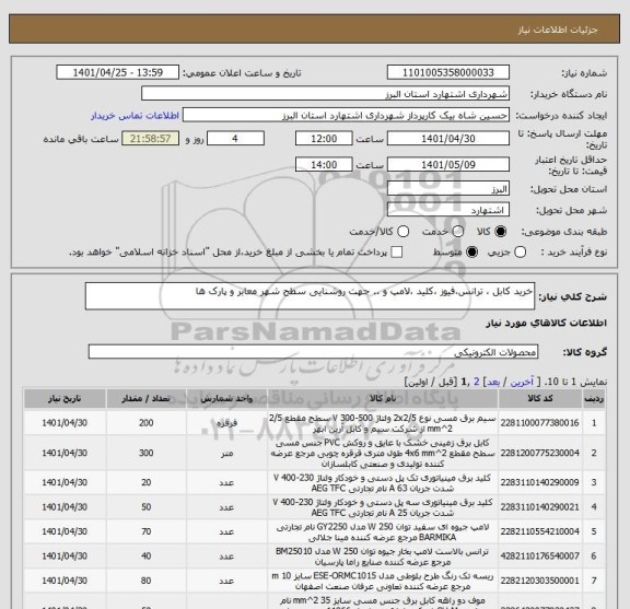 استعلام خرید کابل ، ترانس،فیوز ،کلید ،لامپ و .. جهت روشنایی سطح شهر معابر و پارک ها