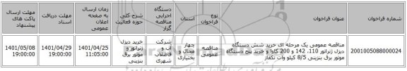 مناقصه، مناقصه عمومی یک مرحله ای خرید شش دستگاه دیزل ژنراتور 110، 142 و 200 کاوا و خرید پنج دستگاه موتور برق بنزینی 8/5 کیلو وات تکفاز
