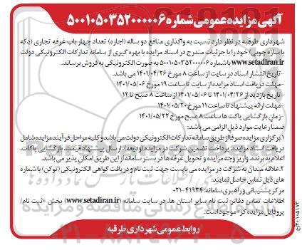 مزایده واگذاری منافع دوساله اجاره تعداد چهار باب غرفه تجاری
