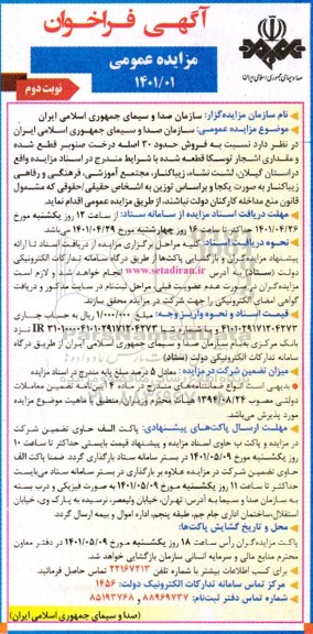مزایده فروش 30 اصله درخت صنوبر قطع شده و مقدار اشجار توسکا قطعه شده - نوبت دوم