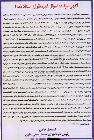 مزایده سه دانگ مشاع از ششدانگ یک واحد تجاری
