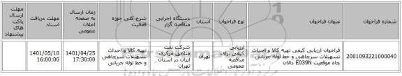 مناقصه، فراخوان ارزیابی کیفی تهیه کالا و احداث تسهیلات سرچاهی و خط لوله جریانی چاه موقعیت E039N دالان