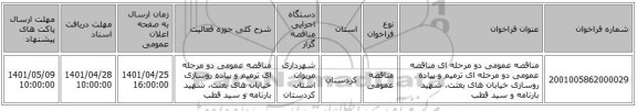 مناقصه، مناقصه عمومی دو مرحله ای مناقصه عمومی دو مرحله ای ترمیم و پیاده روسازی خیابان های بعثت، شهید بارنامه و سید قطب
