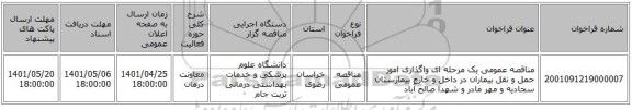 مناقصه، مناقصه عمومی یک مرحله ای واگذاری امور حمل و نقل بیماران در داخل و خارج بیمارستان سجادیه و مهر مادر و شهدا صالح آباد