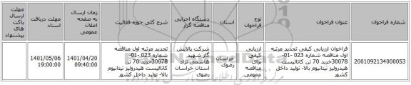 مناقصه، فراخوان ارزیابی کیفی تجدید مرتبه اول مناقصه شماره 023 -01- 30078خرید 70 تن کاتالیست هیدرولیز تیتانیوم بالا- تولید داخل کشور