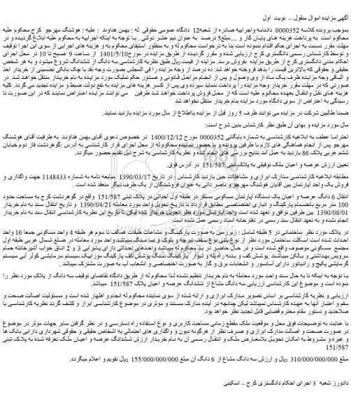 مزایده 6 دانگ عرصه و اعیان یک دستگاه آپارتمان مسکونی 