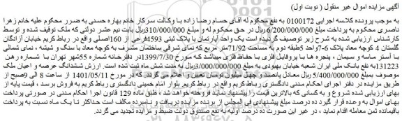 مزایده یک واحد آپارتمان با پلاک ثبتی 4593فرعی از 160اصلی