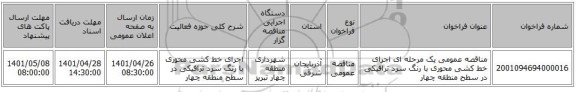 مناقصه، مناقصه عمومی یک مرحله ای اجرای خط کشی محوری با رنگ سرد ترافیکی در سطح منطقه چهار