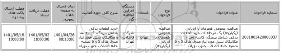 مناقصه، مناقصه عمومی همزمان با ارزیابی (یکپارچه) یک مرحله ای خرید قطعات یدکی شامل بیرینگ، کاسه نمد و مکانیکال سیل مورد نیاز مدول های 5 و 6 تصفیه خانه فاضلاب جنوب تهران