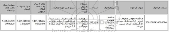 مناقصه، مناقصه عمومی همزمان با ارزیابی (یکپارچه) یک مرحله ای آسفالت خیابان شهید مریدی