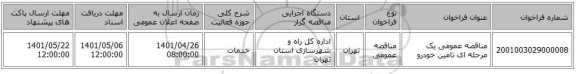 مناقصه، مناقصه عمومی یک مرحله ای تامین خودرو