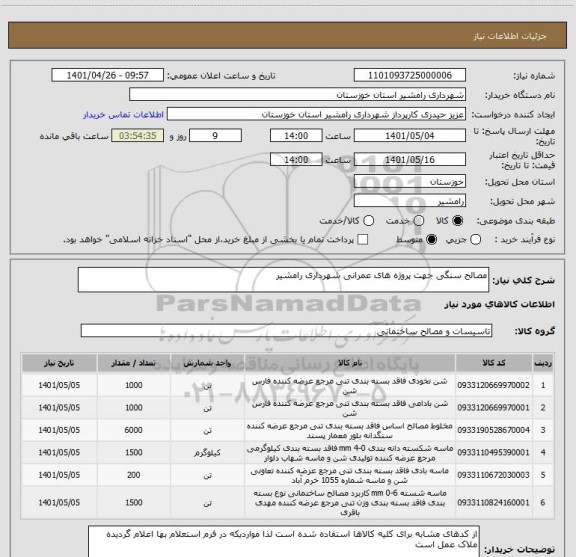 استعلام مصالح سنگی جهت پروژه های عمرانی شهرداری رامشیر
