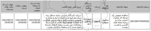 مناقصه، مناقصه عمومی یک مرحله ای عملیات اجرایی پیاده رو سازی محله های گلدیس و هشت بهشت