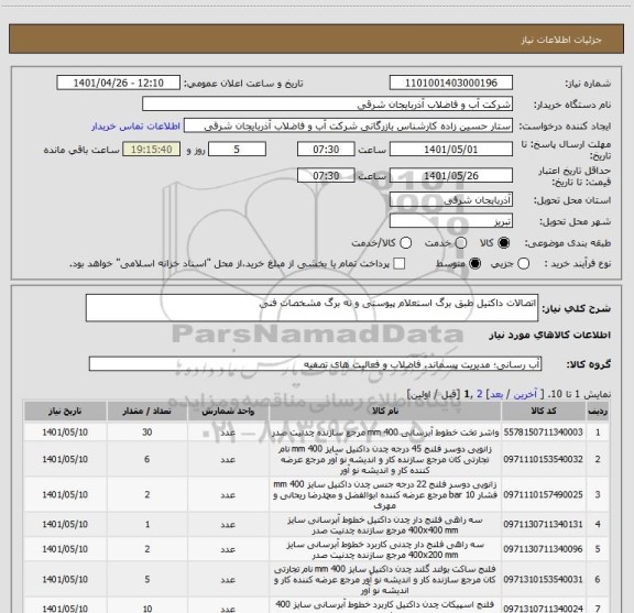 استعلام اتصالات داکتیل طبق برگ استعلام پیوستی و نه برگ مشخصات فنی
