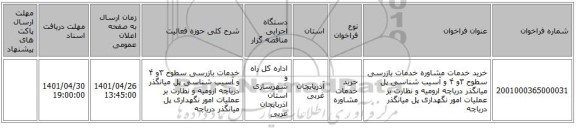 مناقصه، خرید خدمات مشاوره خدمات بازرسی سطوح ۳و ۴ و آسیب شناسی پل میانگذر دریاچه ارومیه و نظارت بر عملیات امور نگهداری پل میانگذر دریاچه