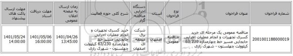 مناقصه، مناقصه عمومی یک مرحله ای خرید کسری تجهیزات و انجام عملیات اجرایی جابجایی مسیر خط چهارمداره 63/230 کیلوولت چهلستون - شهرک رازی