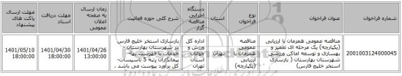 مناقصه، مناقصه عمومی همزمان با ارزیابی (یکپارچه) یک مرحله ای تعمیر و بهسازی و توسعه اماکن ورزشی شهرستان بهارستان ( بازسازی استخر خلیج فارس)