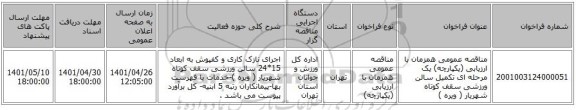 مناقصه، مناقصه عمومی همزمان با ارزیابی (یکپارچه) یک مرحله ای تکمیل سالن ورزشی سقف کوتاه شهریار ( ویره )