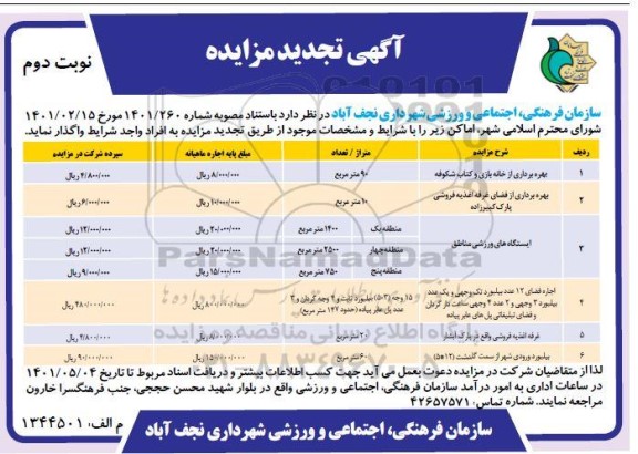 تجدید مزایده واگذاری اماکن - نوبت دوم