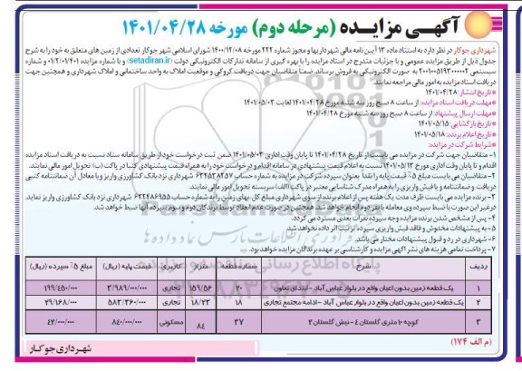 مزایده فروش تعدادی زمین کاربری تجاری و مسکونی- مرحله دوم