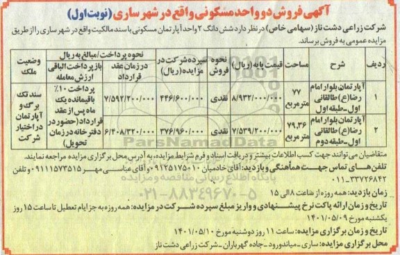 مزایده فروش شش دانگ 2 واحد آپارتمان مسکونی