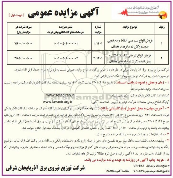 مزایده فروش انواع سیم مسی اسقاط و غیره ...