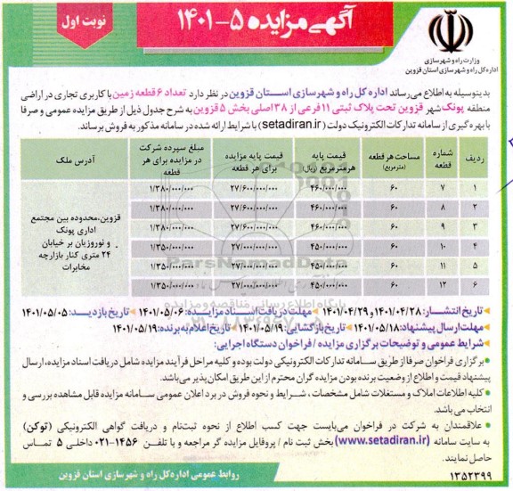 مزایده فروش تعداد 6 قطعه زمین با کاربری تجاری