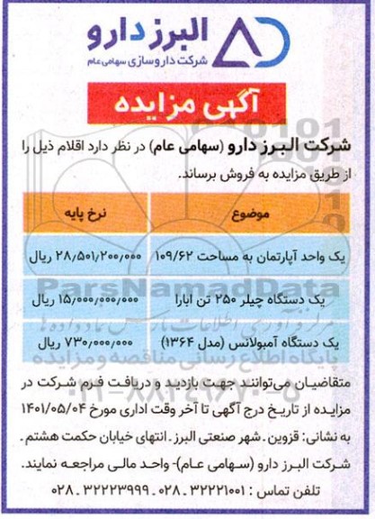 مزایده یک واحد آپارتمان و غیره ...