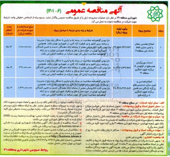 مناقصه اصلاح هندسی معابر و ایمن سازی نقاط حادثه خیز...