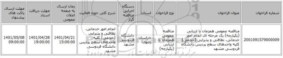 مناقصه، مناقصه عمومی همزمان با ارزیابی (یکپارچه) یک مرحله ای انجام امور خدماتی، نظافتی و پذیرایی (حجمی) کلیه واحدهای سطح پردیس دانشگاه فردوسی مشهد