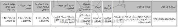 مناقصه، مناقصه عمومی یک مرحله ای توسعه شبکه ونصب انشعابات در سطح ناحیه چناران