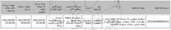 مناقصه، مناقصه عمومی یک مرحله ای اصلاح پیاده روها و آب های سطحی خیابان گلریز 2 و معابر فرعی خیابان شهدای فاطمیون