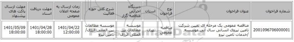 مناقصه، مناقصه عمومی یک مرحله ای تعیین شرکت تامین نیروی انسانی سال آتی موسسه /خدمات تامین نیرو