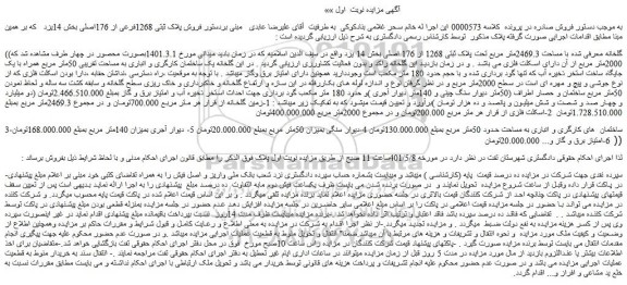 مزایده فروش گلخانه معرفی شده با مساحت 2469.3متر مربع تحت پلاک ثبتی 1268 از 176 اصلی  