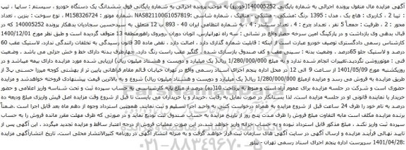 آگهی مزایده ششدانگ یک دستگاه خودرو ، سیستم : سایپا ، تیپ : تیبا 2 