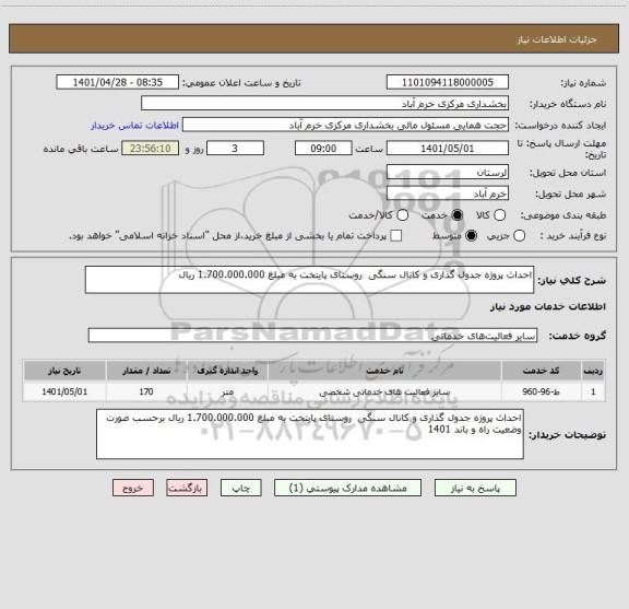 استعلام احداث پروژه جدول گذاری و کانال سنگی  روستای پایتخت به مبلغ 1.700.000.000 ریال