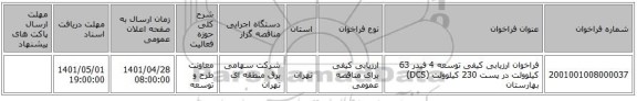 مناقصه، فراخوان ارزیابی کیفی توسعه 4 فیدر 63 کیلوولت در پست 230 کیلوولت (DCS) بهارستان
